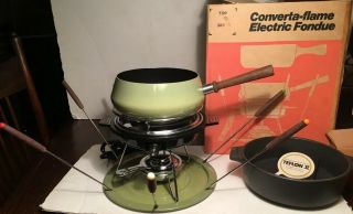Vintage Avocado Hamilton Beach Electric Or Flame Burner Fondue Pot Set Mcm