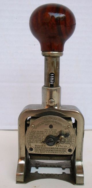 Vintage 1893 Bates Numbering Machine 6 - Wheels Style E Wood Handle 149639