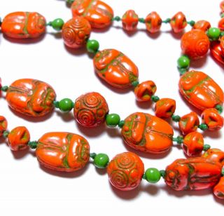 Antique Neiger Scarab Beetle Egyptian Revival Orange Czech Glass Necklace Beads