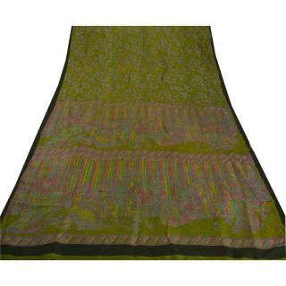 Tcw Vintage Green Saree 100 Pure Silk Printed Sari Craft 5 Yard Fabric 3