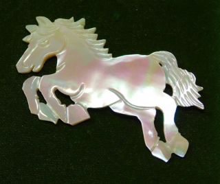 Vintage Carved White Mother Of Pearls Mop Shell Horse Brooch 11l 94