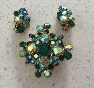 Triad Brooch And Earrings Set,  Green And Clear Swarovski Crystals,  Vintage