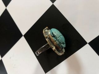 Scarab Vintage Ring Sterling Silver Faiance Stone Egyptian Revival Signed