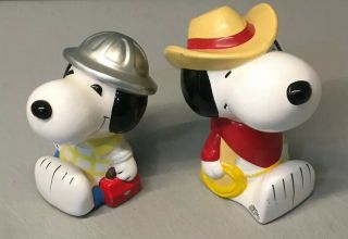 2 Vtg 80s Snoopy Peanuts Pottery Coin Bank Construction Worker & Cowboy