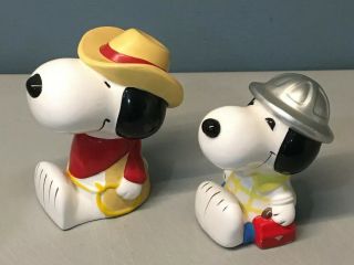 2 Vtg 80s SNOOPY Peanuts Pottery Coin Bank CONSTRUCTION WORKER & COWBOY 3