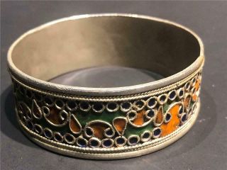 Vintage Morocco Berber Silver And Enamel Bangle Bracelet