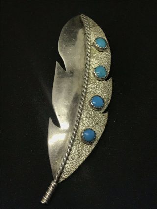 Vintage Navajo Sterling Silver Turquoise Old Pawn Leaf Brooch Large 3.  25
