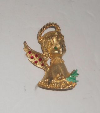 Vintage Signed Mylu Rhinestone Christmas Angel Brooch Pin Holding Holly Leaf