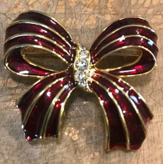 Vintage Costume Fashion Jewelry Brooch Lapel Pin Christmas Bow Red W/crystals