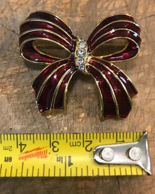 Vintage Costume Fashion Jewelry Brooch Lapel Pin Christmas Bow Red W/Crystals 3