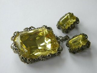 Huge Vintage Pendant & Earrings Set Lemon Yellow Crystal Filigree Czech Glass