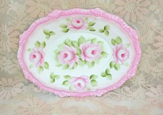 Bydas Romantic Rose Tray Dish Chic Pink Hp Hand Painted Shabby Vintage Cottage