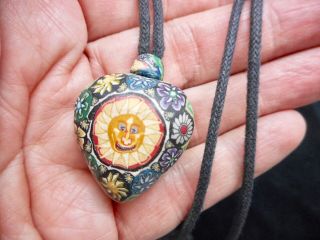 Authentic Vintage Boho Polymer Clay Heart & Sun Pendant Necklace