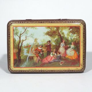 Vintage French Candy Tin Box,  Courting Scene,  Musicians In A Garden,  Angel