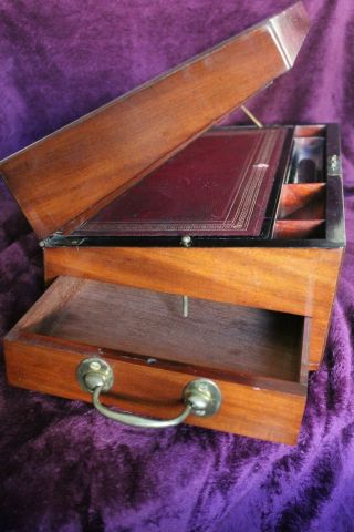 Large Antique Mahogany Wood & Red Leather Writing Slope W/ Secret Hidden Drawer