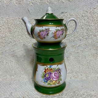 Vintage Green & White Hand Painted Porcelain Tea Pot And Warmer Tisaniere France