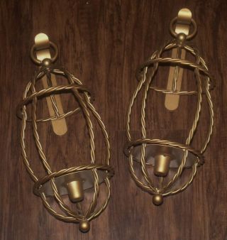 2 Vtg Homco Gold Metal Wall Rustic Rope Candle Stick Holders Lantern Sconces Set
