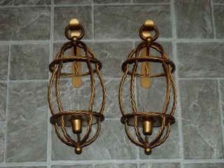 2 VTG HOMCO GOLD METAL WALL RUSTIC ROPE CANDLE STICK HOLDERS LANTERN SCONCES SET 2