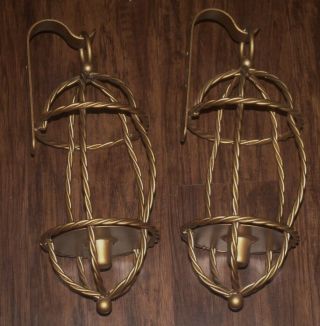 2 VTG HOMCO GOLD METAL WALL RUSTIC ROPE CANDLE STICK HOLDERS LANTERN SCONCES SET 3