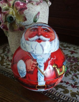 Vintage Christmas Tin Santa Claus Chein Bristol Ware Roly Poly Container 1980