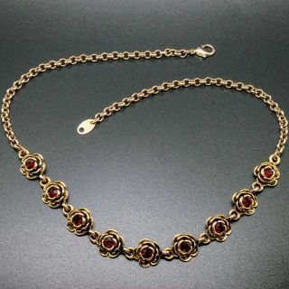 Vintage Jewellery Pretty Gold Tone Ruby Red Glass Rose Flower Necklace