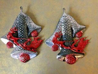 2 Vintage Flat Hard Plastic Bell Christmas Decorations With Santa And Reindeer 9