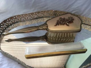Vintage Gold Tone Metal Mirrored Dresser Vanity Perfume Tray Brush Comb
