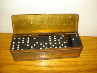 Vintage Set 28 Empire Black Bakelite Dominoes Tin Box British Made