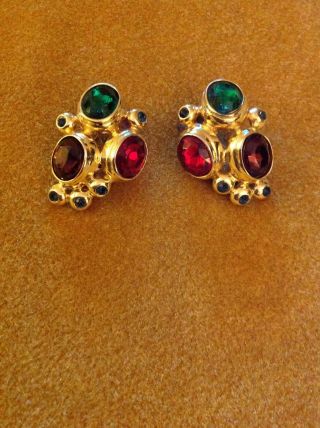 Vintage Estate Gold Tone Red Green Purple Rhinestone Mogul Clip Earrings