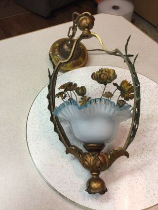 Antique Vintage French Glass Flower Basket Petite Chandelier Ceiling Fixture Wow
