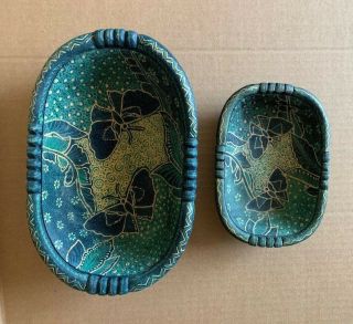 Set Of 2 Vintage Hand Painted Wooden Bowls Made In Indonesia