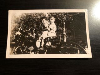 Vintage Black & White Photo - - Two Little Boys On Top Harley Davidson Motorcycle