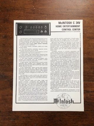 Mcintosh C 34v Pre Amp Control Center Vintage Brochure