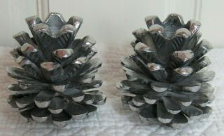 Pair Christmas Vintage Heavy Metal Silver Tone Pine Cone Candle Stick Holders