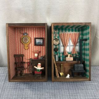 Set Of 2 Vintage Shadow Boxes Dioramas Kitchen Woodstove Raggedy Andy Doll