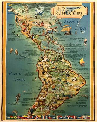 Vintage 1939 Pan Am Airways Flying Clipper,  Pictorial Route Map Poster