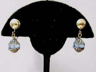 Vintage Blue Dangle Swirl Drop Molded Glass Crystal Brass Clip Style Earrings