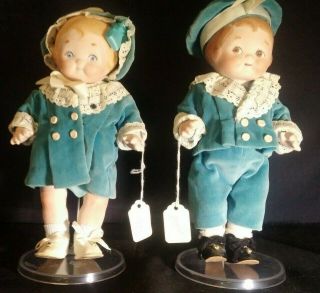 2 Lovely Vintage Bisque Dolls Betty & Bobby With Kaiser Stands 10.  5 " Vg