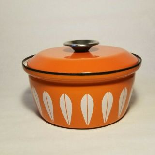 Vintage Cathrineholm Norway Orange Lotus Enamelware Covered Cook Pot Casserole