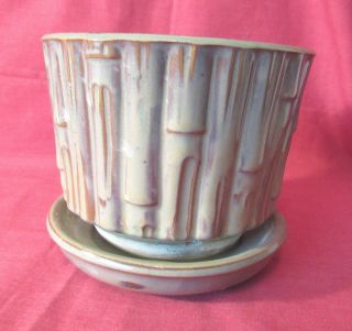 Vintage Mccoy Green Bamboo Planter With Saucer,  4 1/2 "