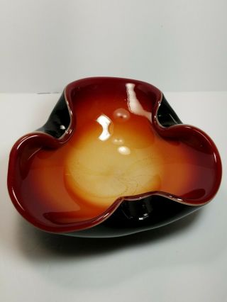 Huge Vintage Alfredo Barbini Murano Glass Black Red Yellow Sunburst Geode Bowl