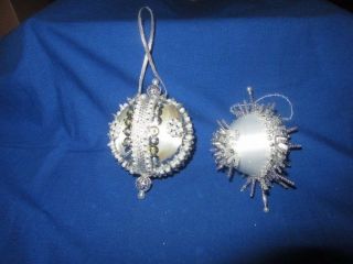 Vintage Handmade Silk Satin White Clear Beaded Pearls Christmas Tree Ornaments 2