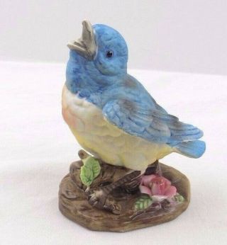 Vintage Blue Bird Figurine Signed Marked Matte Porcelain Singing Bluebird Decor
