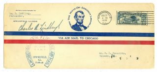 Pilot Charles Lindbergh Signed 1928 Flight Cover Springfield,  Il. ,  Lucky Lindy
