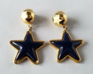 Vintage Fashion Earrings Gold Tone Navy Blue Enamel Star Dangle Costume