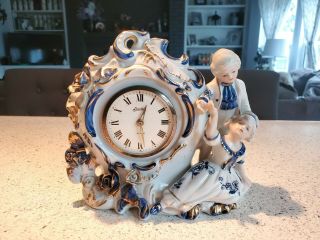 Vintage Porcelain Linden Royal Dutch Blue Mantle Clock Wind Up