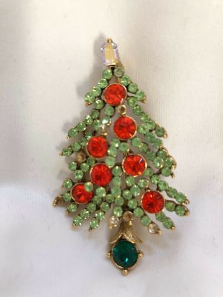 Vtg.  Lisner Signed Christmas Tree Brooch,  Lime Green & Orange Red,  2 1/2 " Tall