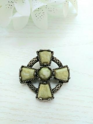 Vintage Old Jewellery - Weiner Celtic Cross Brooch With Green Agate Stones,  1950 