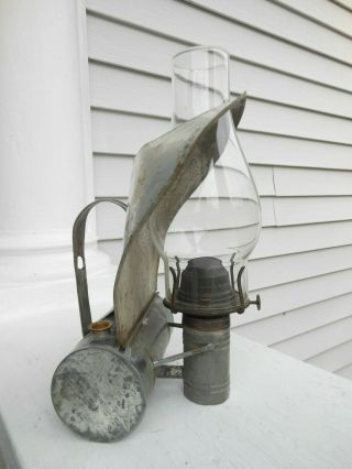Antique Searchlight Fishing Barn Oil Lamp / Lantern W Reflector Hood & Tank Font