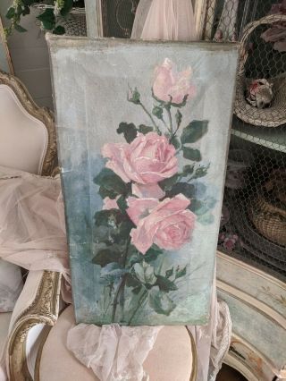 Shabby Pink Roses Old Antique Oil Painting Canvas Aqua Background